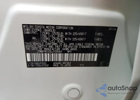 2016 Toyota Rav4 Le из США, поврежденный, VIN JTMBFREV3GJ100064